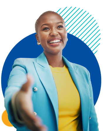 A smiling woman extends her hand in greeting