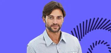 A young man in an office attire with a blue gradient background.