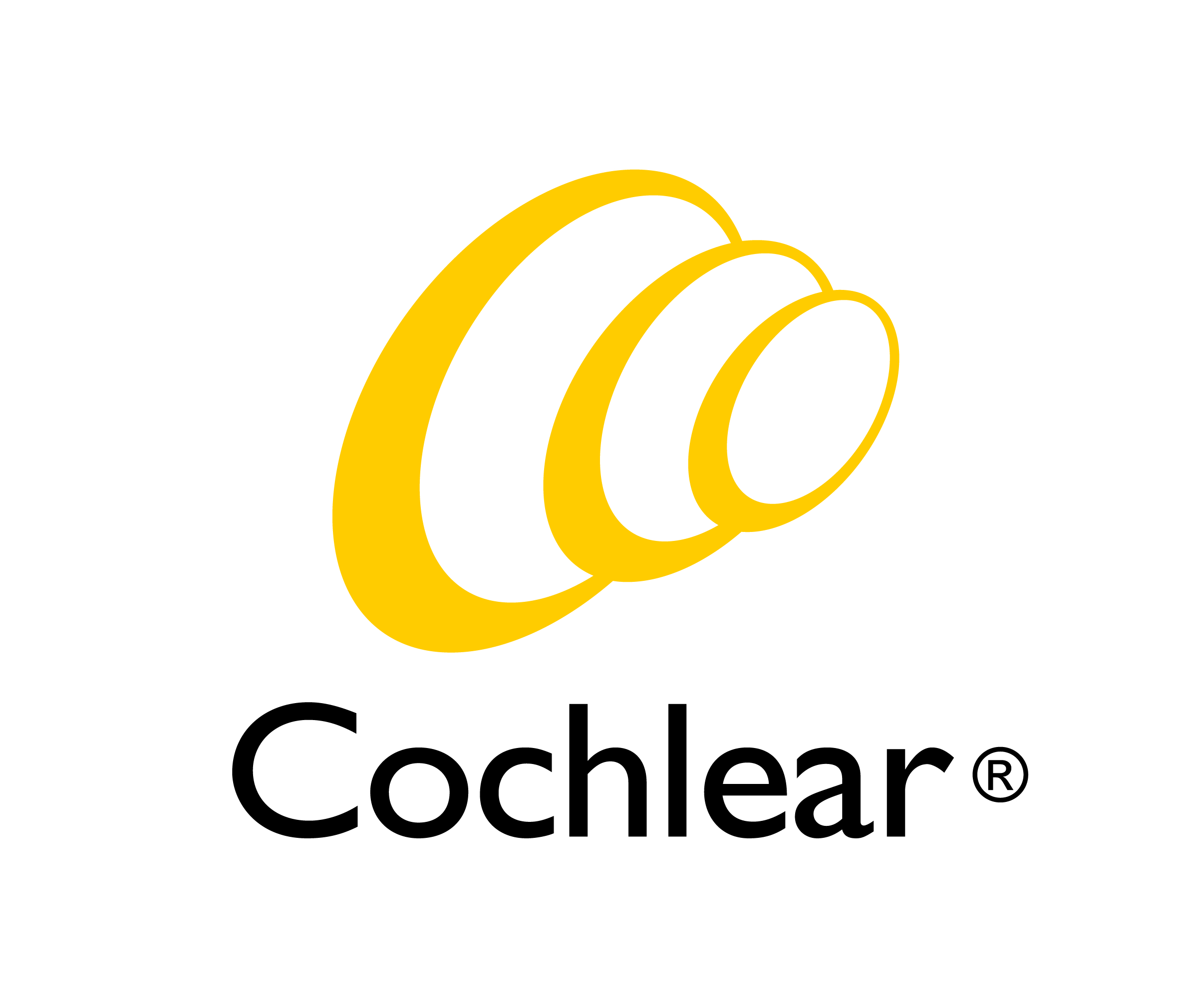 Cochlear logo with yellow swirl design.