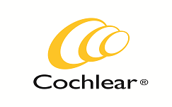 Logo with a stylized yellow swirl and the word 'Cochlear' below.