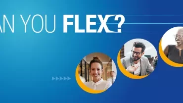 Blauw ontwerp met 'Can You Flex?' en drie lachende mensen
