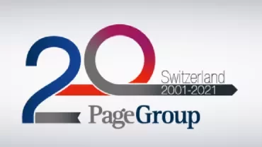 Logo celebrating 20 years of PageGroup in Switzerland, 2001-2021.