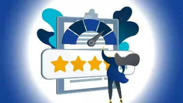 Illustration of person rating with stars in front of a gauge.