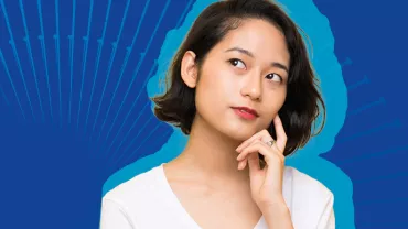 Person in white shirt pondering with blue abstract background.