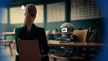 Person meeting with a small robot in an office setting.