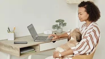 Person working on laptop at desk with dog on lap.