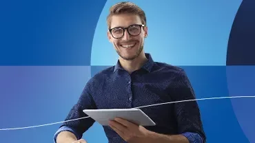 Promotional banner of Salary Guides 2026 with a smiling man on a blue background.