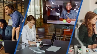 Three different office settings with people working together