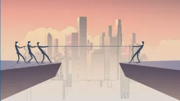 Silhouettes playing tug-of-war over a gap with a cityscape in the background.