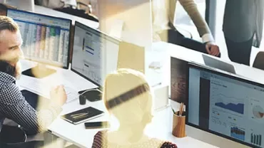 People working at computers in an office environment.