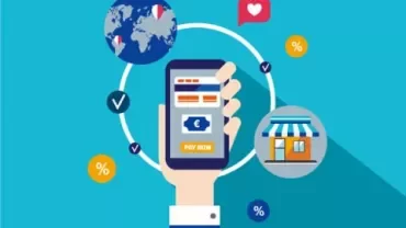 Illustration of a mobile payment concept with icons for global connection and shopping.