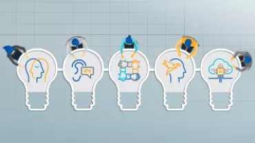 Ampoules illustrant des concepts de travail d'équipe et de technologie sur un fond quadrillé.