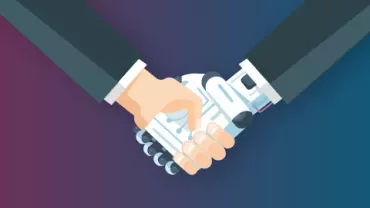 Illustration of a human hand shaking a robotic hand.