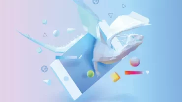 3D dragon emerging from smartphone, surrounded by geometric shapes.