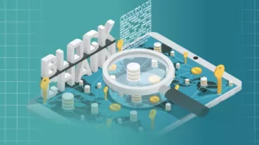 Illustration of a blockchain concept with a magnifying glass over a digital network.