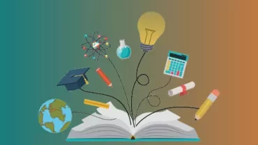 Open book with educational icons like a bulb, globe, and calculator.