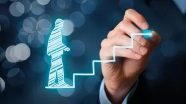 Illustration of a person walking up digital steps with bokeh background.