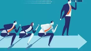 Illustration of a person leading others with a telescope in hand.
