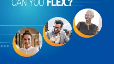 Three smiling people under the text 'Can You Flex?' on a blue background.