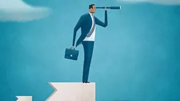 Person standing on a peak with a briefcase and telescope, looking ahead.