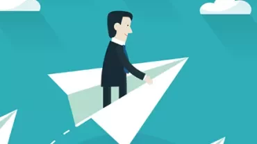 Illustration of a person flying on a paper airplane in the sky.