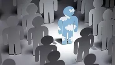 Silhouette figure with clouds stands out among gray figures.