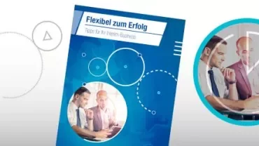 Zakelijke brochure in het Duits met cirkelvormige elementen en twee mensen die in een kantoor discussiëren.
