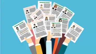 Illustration of hands holding various resumes on a blue background.