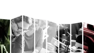 Collage of people working in an office setting.