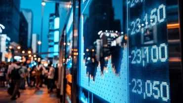 Stock market display with numbers and graph on a city street at night.