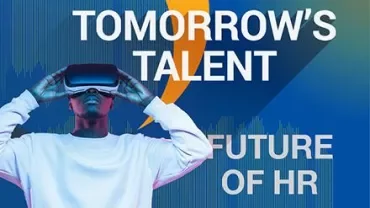 Person wearing VR headset with 'Tomorrow's Talent Future of HR' text on blue background.