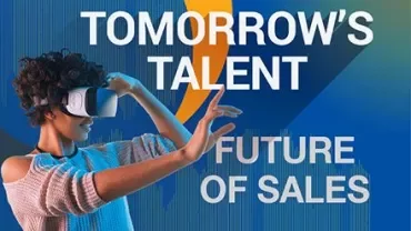 Personne utilisant un casque VR avec le texte 'Tomorrow's Talent: Future of Sales'.