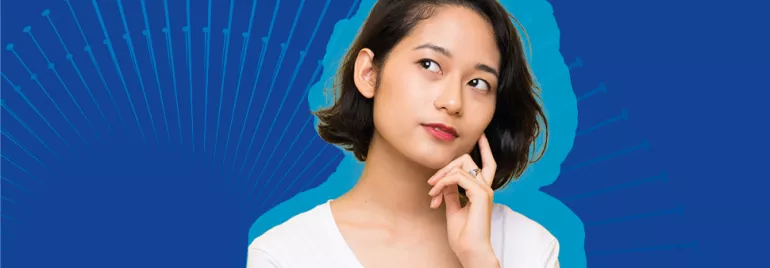 Person in white shirt pondering with blue abstract background.