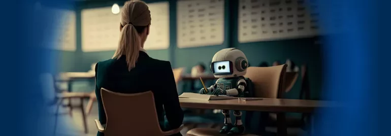 Person meeting with a small robot in an office setting.