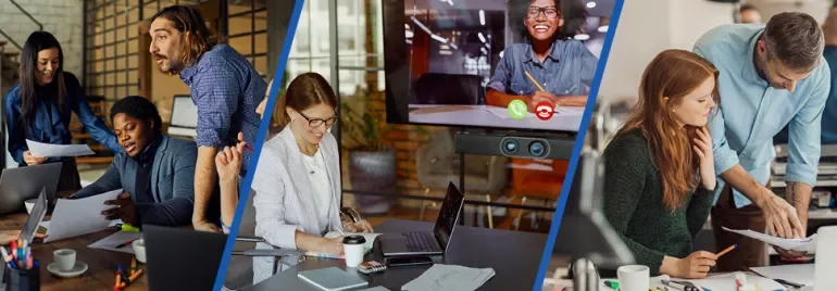 Three different office settings with people working together