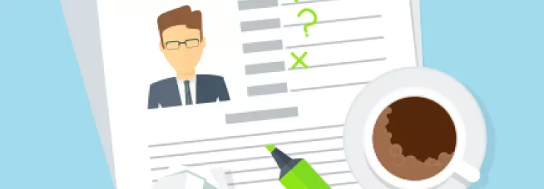 Illustration of a resume with a photo, highlighter, pen, and coffee cup on a table.