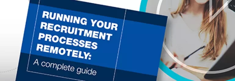 Cover titled 'Running Your Recruitment Processes Remotely: A Complete Guide' with a person on a tablet.