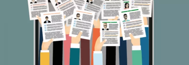 Illustration of resumes being passed through a laptop screen.