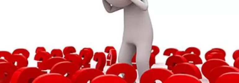 3D-figuur omringd door rode vraagtekens, houdt hoofd vast.