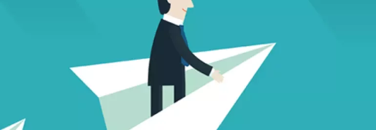 Illustration of a person flying on a paper airplane in the sky.