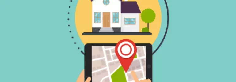 Illustration d'une tablette avec une carte et un marqueur de localisation, une maison en arrière-plan.