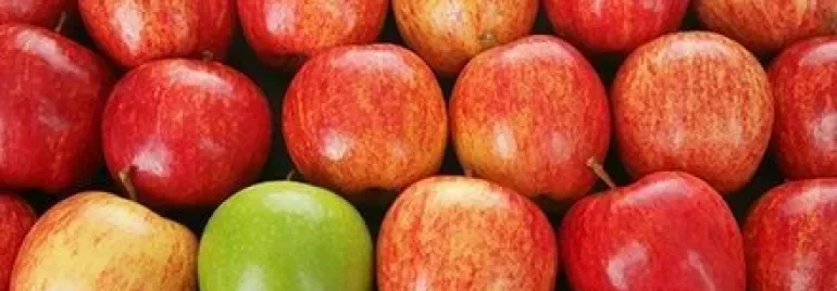 Un groupe de pommes rouges avec une pomme verte parmi elles.