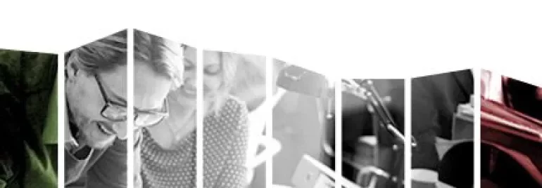 Collage of people working in an office setting.