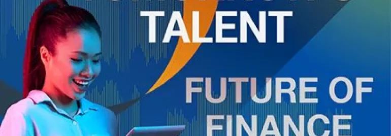 Persoon glimlacht naar tablet met tekst 'Morgens Talent, Toekomst van Financiën'.