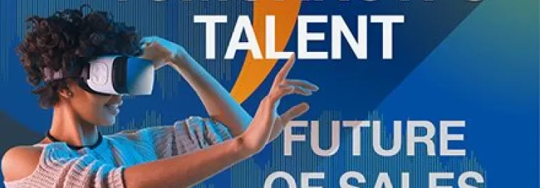 Personne utilisant un casque VR avec le texte 'Tomorrow's Talent: Future of Sales'.