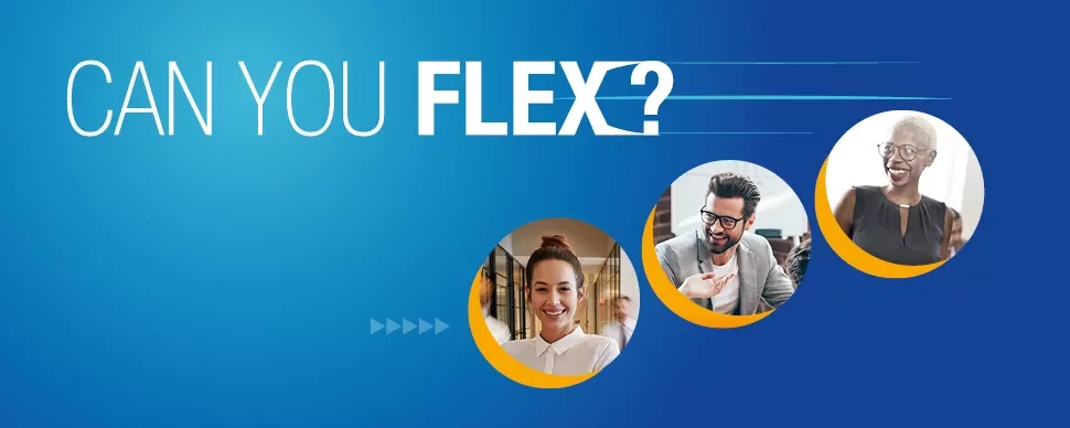 Blauw ontwerp met 'Can You Flex?' en drie lachende mensen