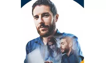 Personne avec une barbe en chemise bleue, images multiples superposées.