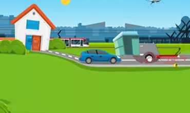 Paysage de dessin animé avec maison, voiture, tracteur et verdure.
