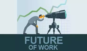 Personne regardant à travers un télescope avec des graphiques, texte 'Future of Work' en dessous.