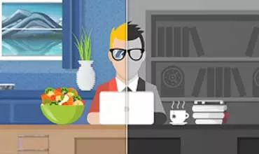 Illustration d'une personne à un bureau avec moitiés colorées et en niveaux de gris.